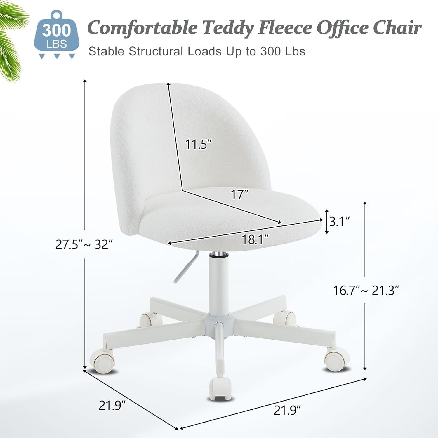 Elegant White Teddy Fleece Swivel Desk Chair Small Adjustable Vanity Seat