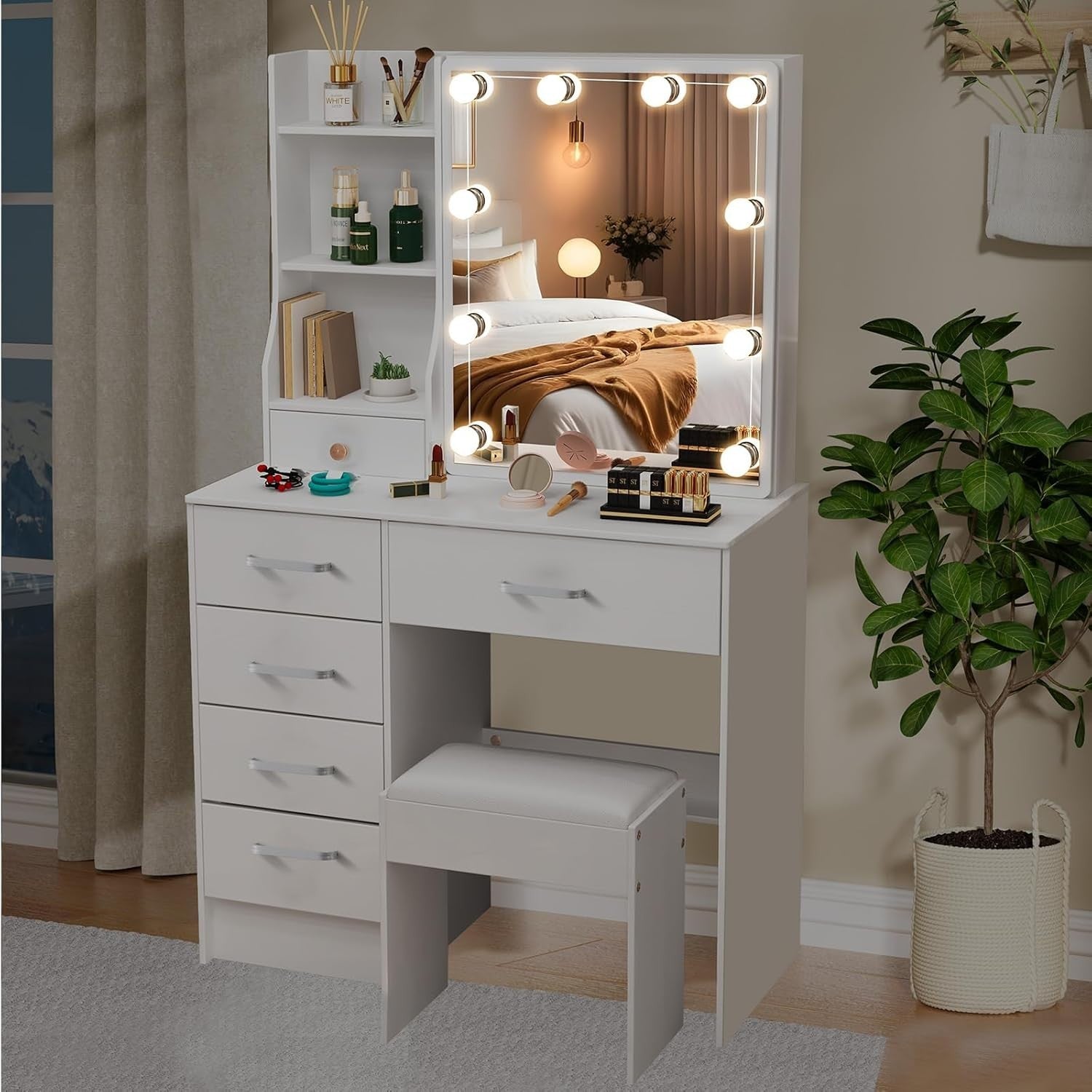 Vanity Desk Dressing Table w/ LED Light Mirror 5 Drawers Storage White Modern