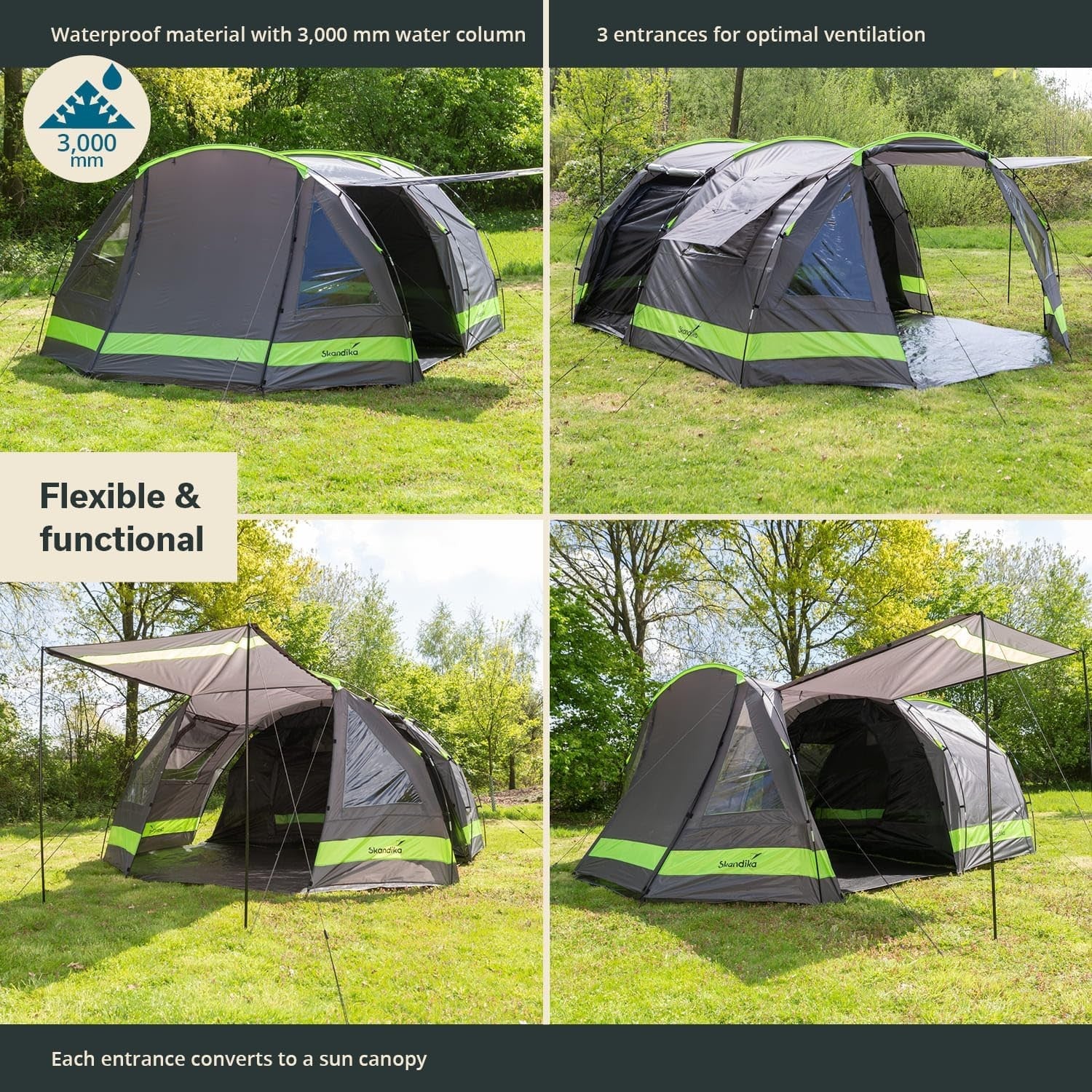 Anthracite/Green 4-Person Tunnel Family Camping Tent – Waterproof & Spacious