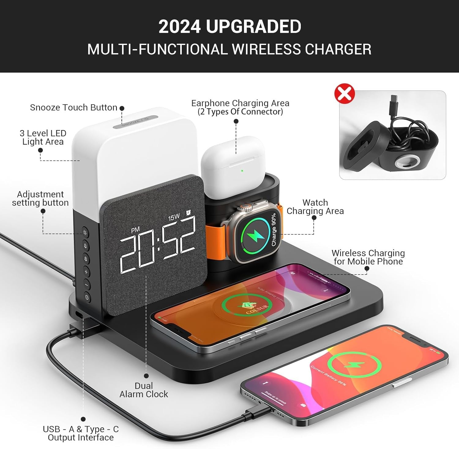 6 in 1 Wireless Charging Station MagSafe Alarm Clock Night Light Stand