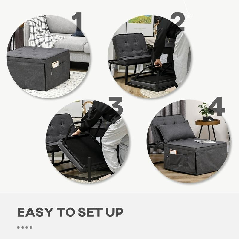 4 in 1 Folding Chair Bed Armchair Sleeper Ottoman Recliner w/ Pillow Grey