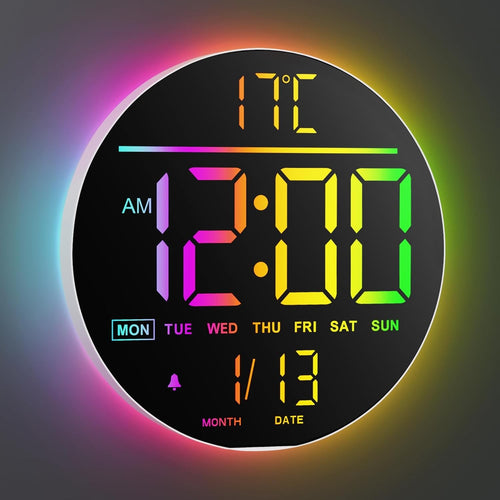 White 10" RGB Digital Wall Clock LED Large Display Remote Temperature