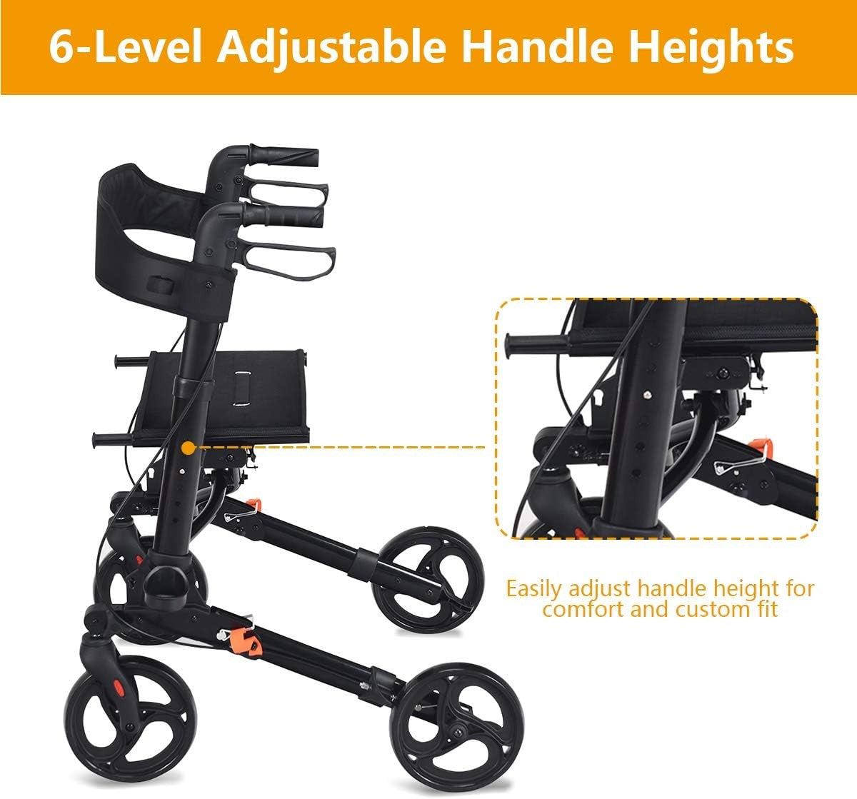 Lightweight Folding Rollator Walker with Seat Dual Brakes Storage Bag