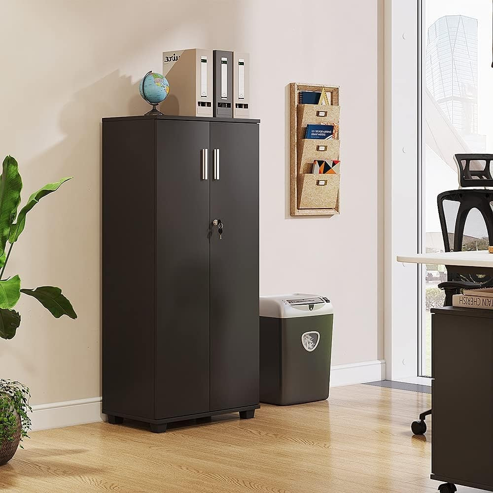 Black Lockable Tall Filing Cabinet Slim Office Storage with Shelves