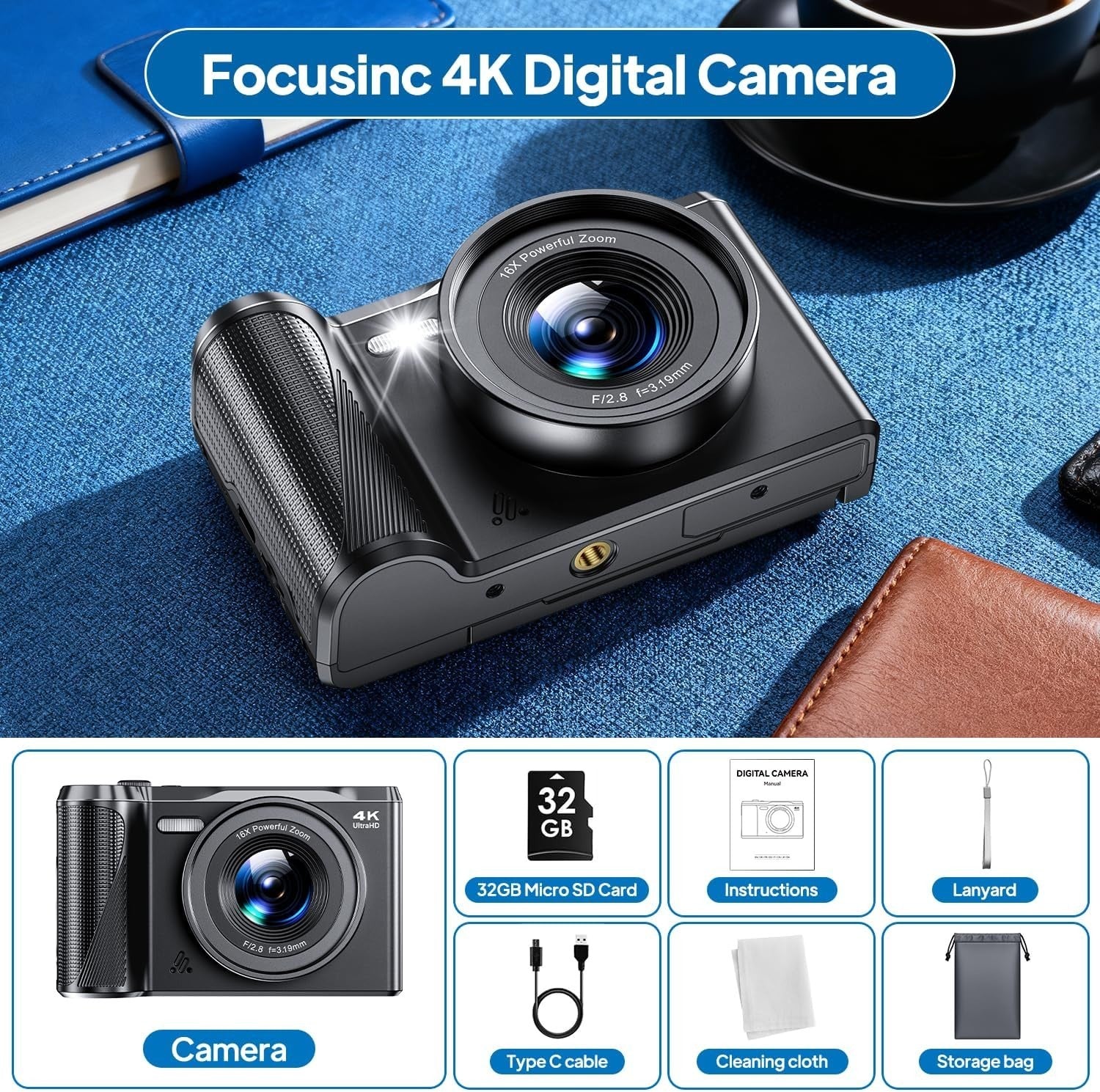 4K 56MP Vlogging Camera Flip Screen Zoom Retro Camera w SD Card
