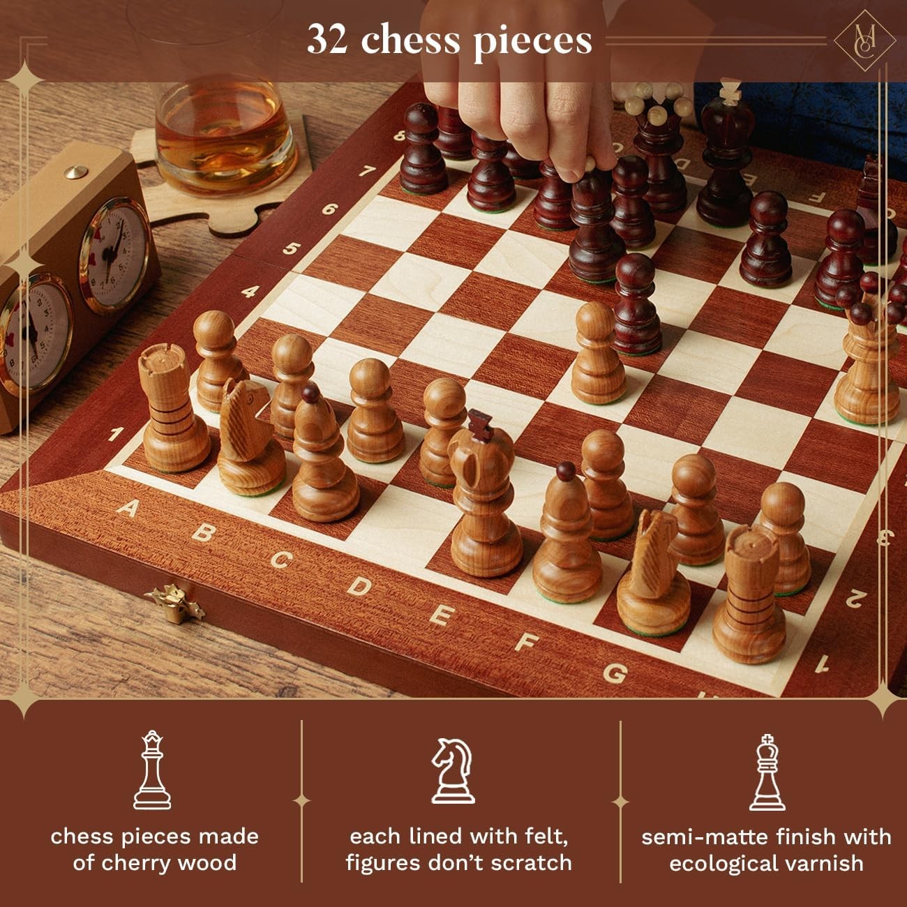 Luxury 42cm Wooden Chess Set XL | Handcrafted Board & Carved Pieces | Premium Gi