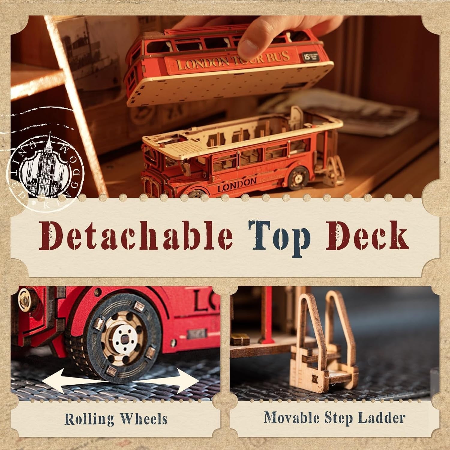 3D Wooden London Bus Model Kit DIY Puzzle for Adults Gift Home Decor