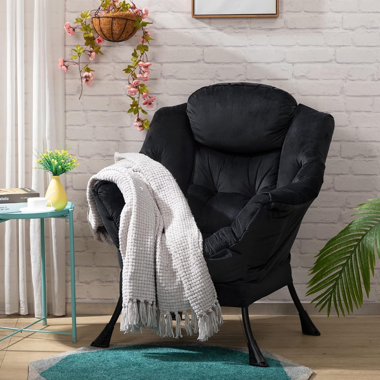 Plush Velvet Armchair with Footstool Living Room Bedroom Lounge Chair Black