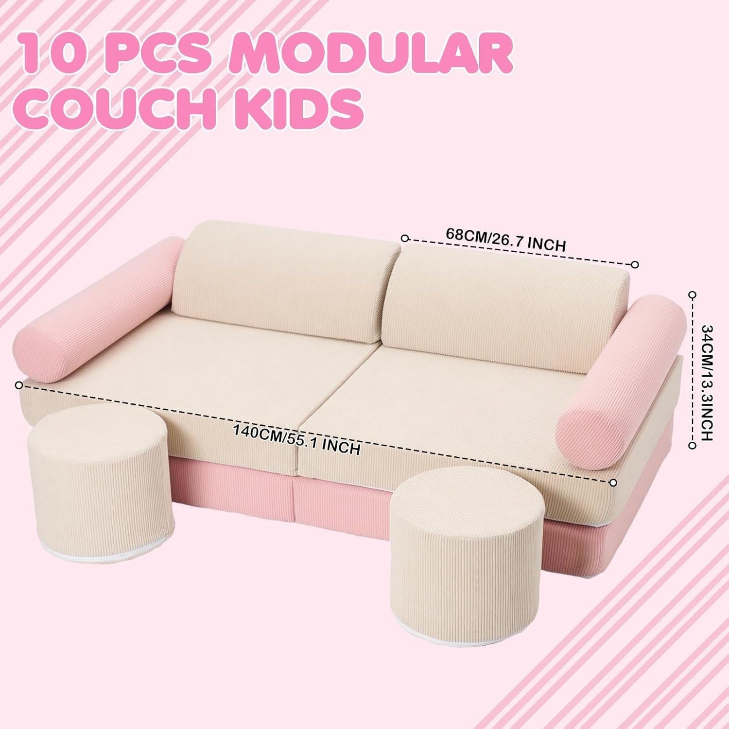 10PCS Kids Modular Sofa Bed Convertible Play Couch Armchair Foam Set Pink Beige