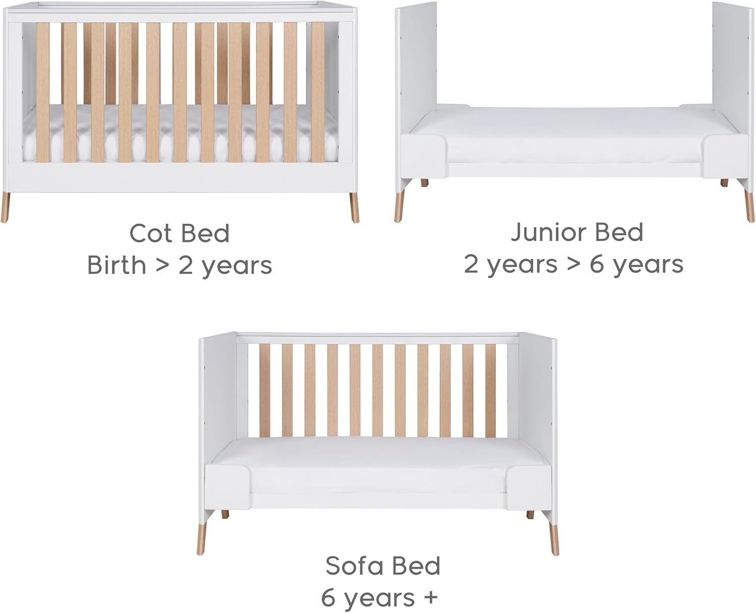3in1 Baby Cot Bed Convertible Toddler Day Bed Adjustable Height Oak White 140x70