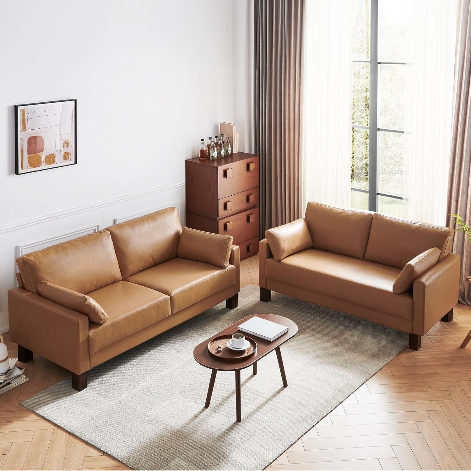 Leather Loveseat Sofa 2-3 Seater Leather Tan 66 Modern Couch for Lounge Office