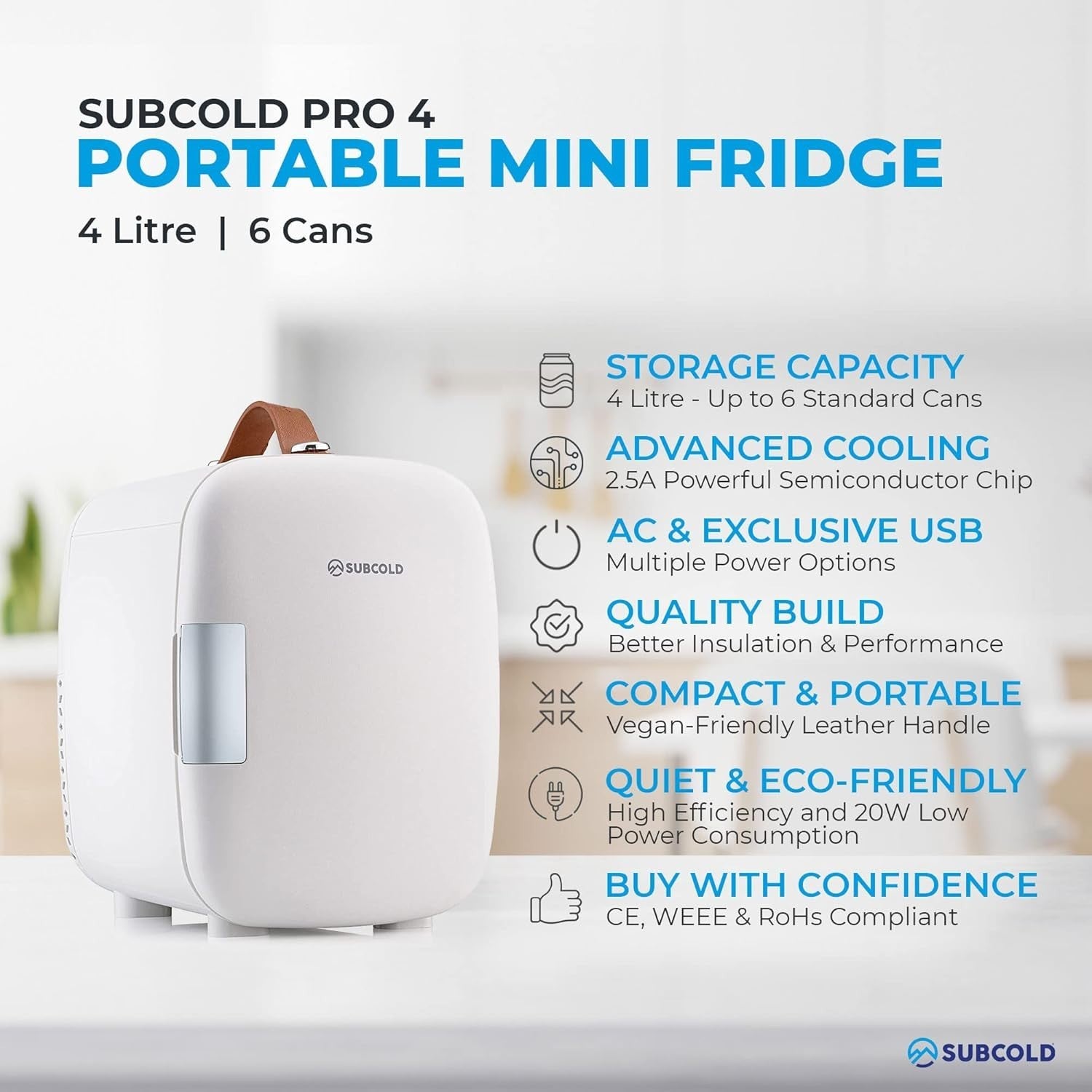 4L Mini Fridge USB & AC Powered White Portable Cooler Small