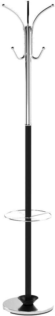 Chrome & Black Metal Coat Rack | Free Standing Hall Tree with Umbrella Base