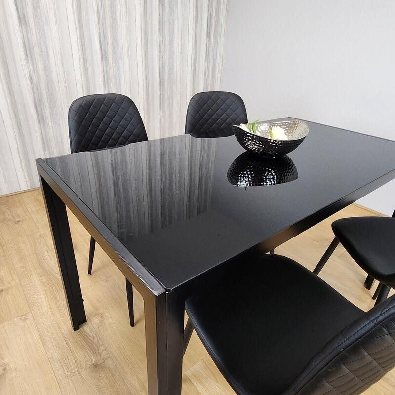 Black Glass Dining Table Set with 4 Leather Chairs Modern Italian Design