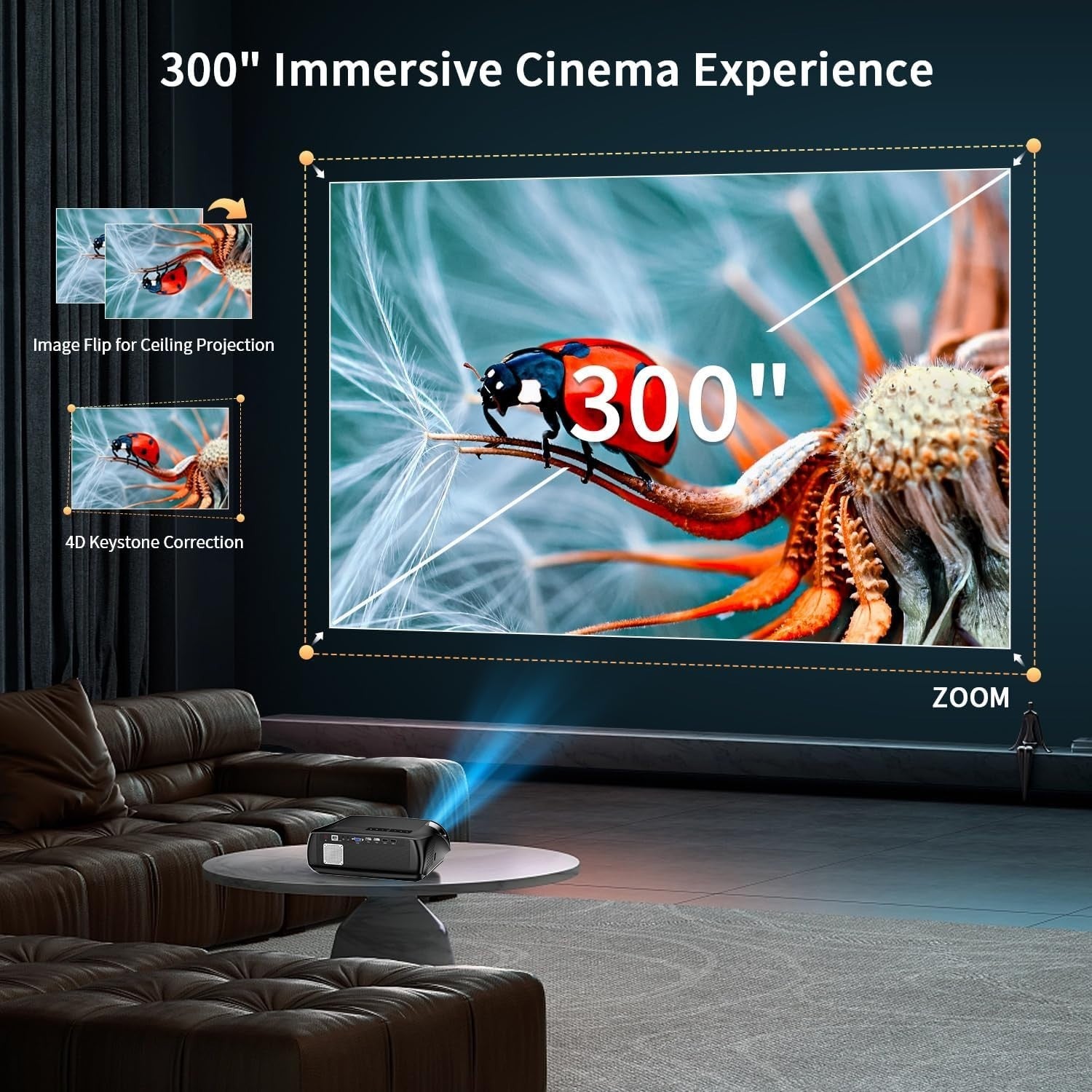 4K Smart Projector 1800 ANSI Daylight Android TV WiFi 6 300”