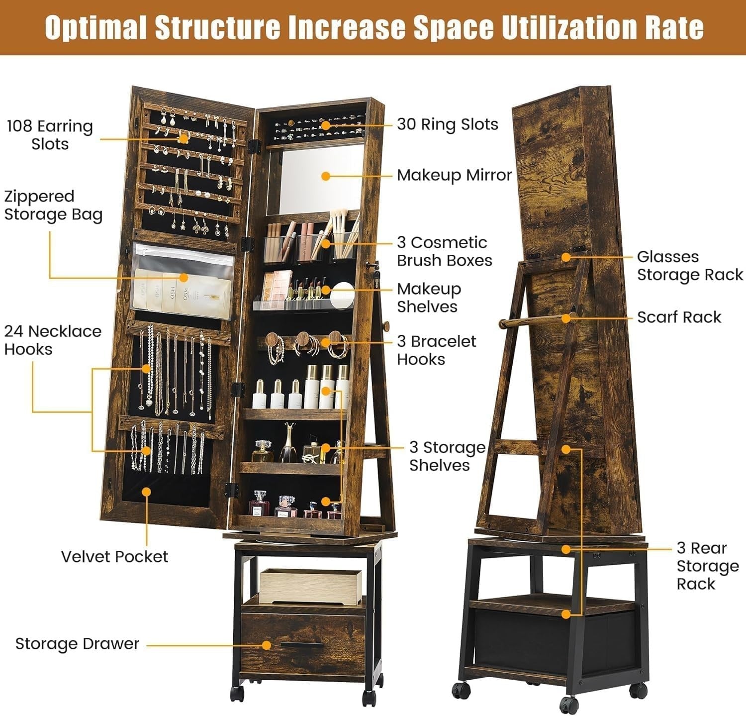 Rustic Brown 4 in 1 Rotating Jewellery Cabinet Full Length Mirror