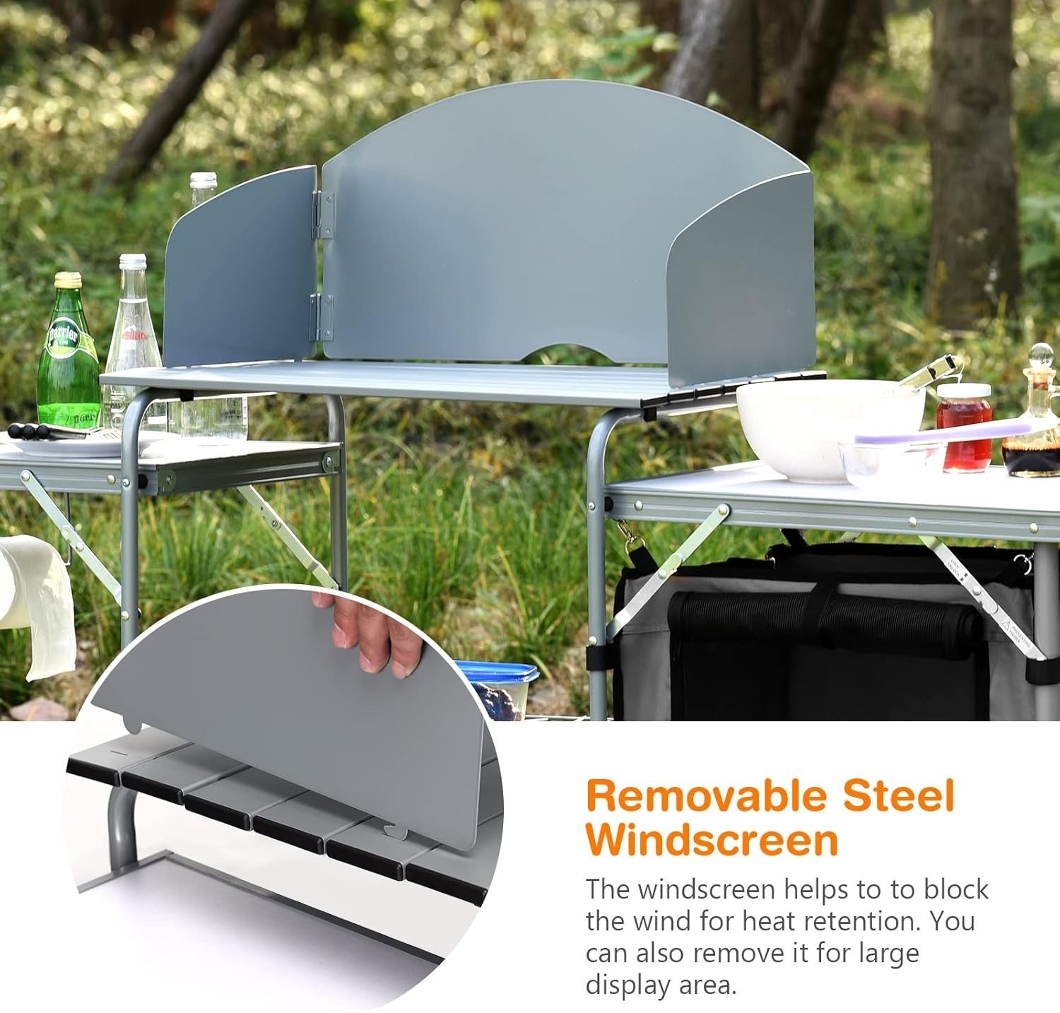 Folding Camping Kitchen Table BBQ Workstation with Windshield & Storage