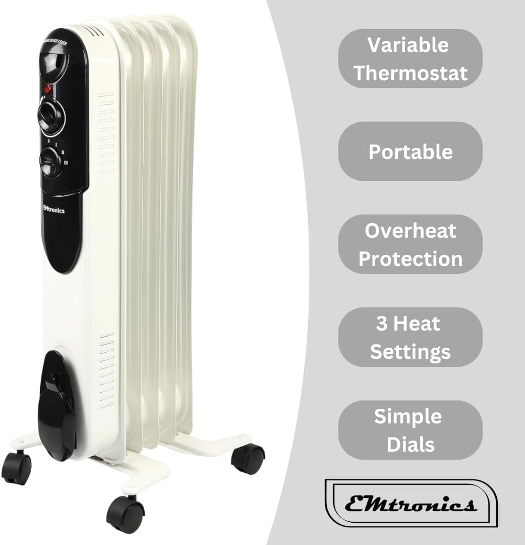 Portable 1000W Oil Heater Radiator 5 Fin Adjustable Thermostat 10sqm Room