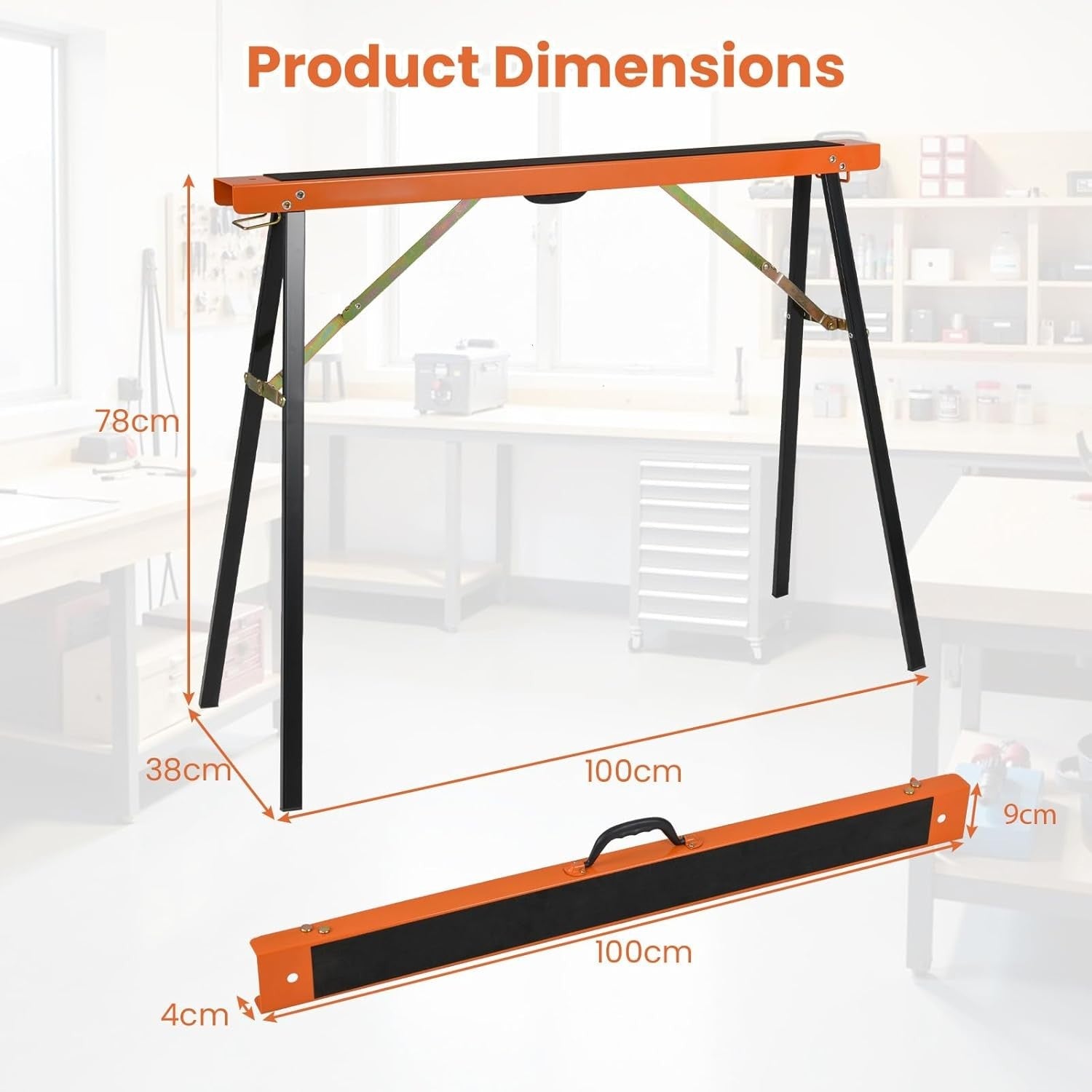 Folding Sawhorse Twin Pack Heavy Duty 375kg Non-Slip Metal Trestles Orange