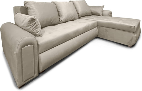 Cream L-Shape Sofa Bed w/ Pull-Out Sleeper & Storage Velvet 4 Seater Couch