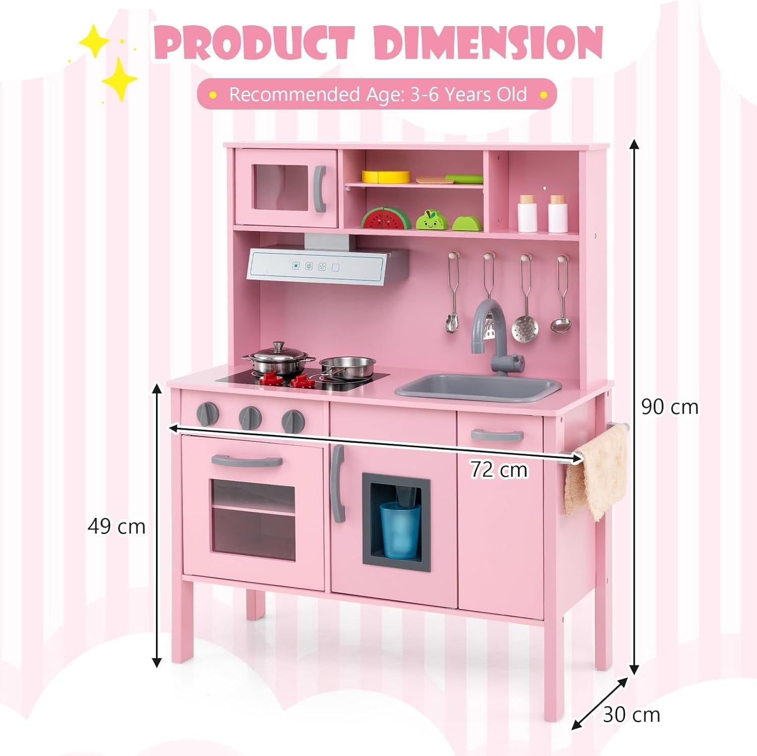 Wooden Kids Play Kitchen Pink Toy Set Microwave Oven Ice Maker Sound
