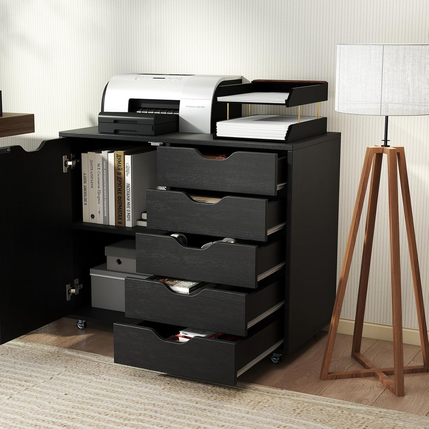 Black Mobile 5 Drawer File Cabinet with Side Cupboard Rolling Office