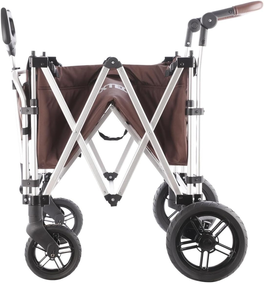 Brown 2-Seater Folding Stroller Wagon Kids Push Pull All-Terrain Cart w/ Canopy