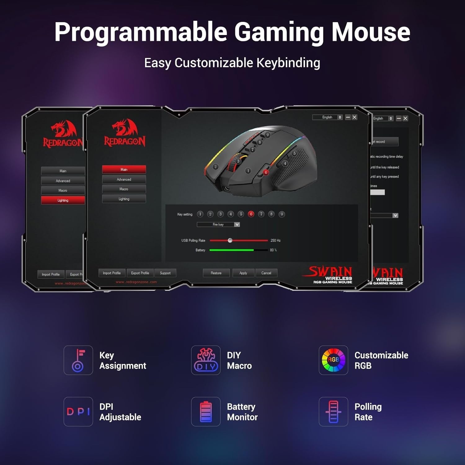 Wireless Gaming Mouse 16000 DPI RGB 9 Macro Buttons 2.4G USB