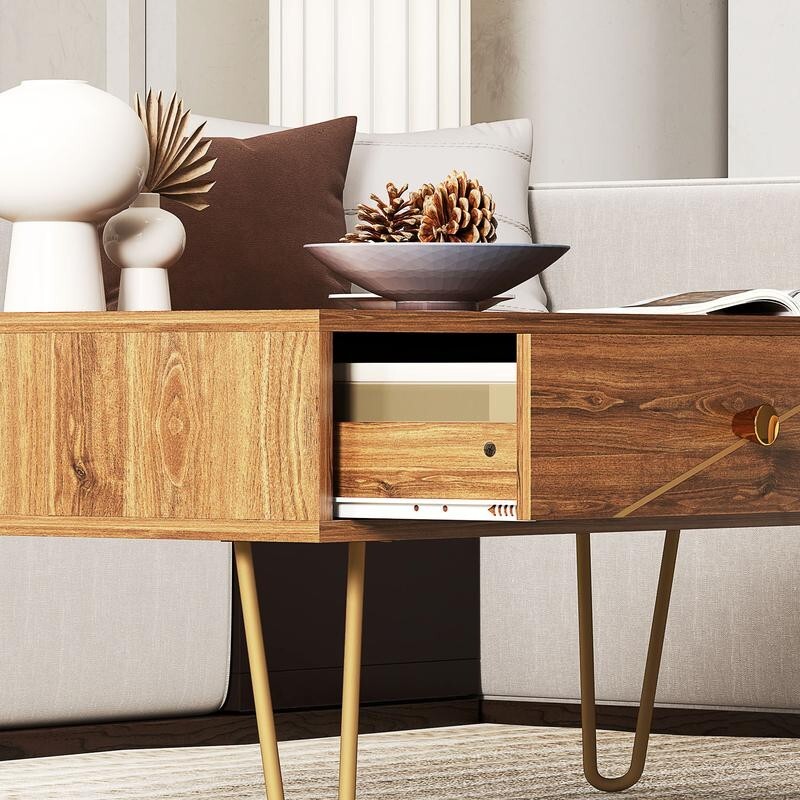 Modern Coffee Table with Storage Drawers & Gold Legs – 100cm, Brown