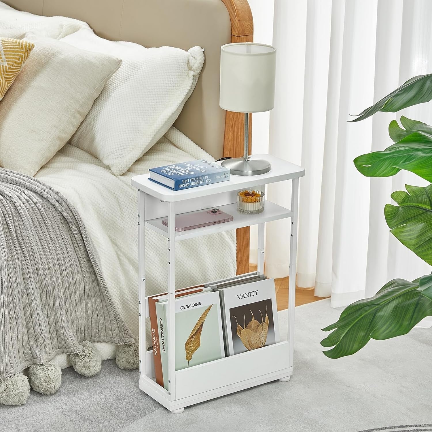 White Narrow Side Table for Small Spaces – Slim Bedside Unit with Shelf