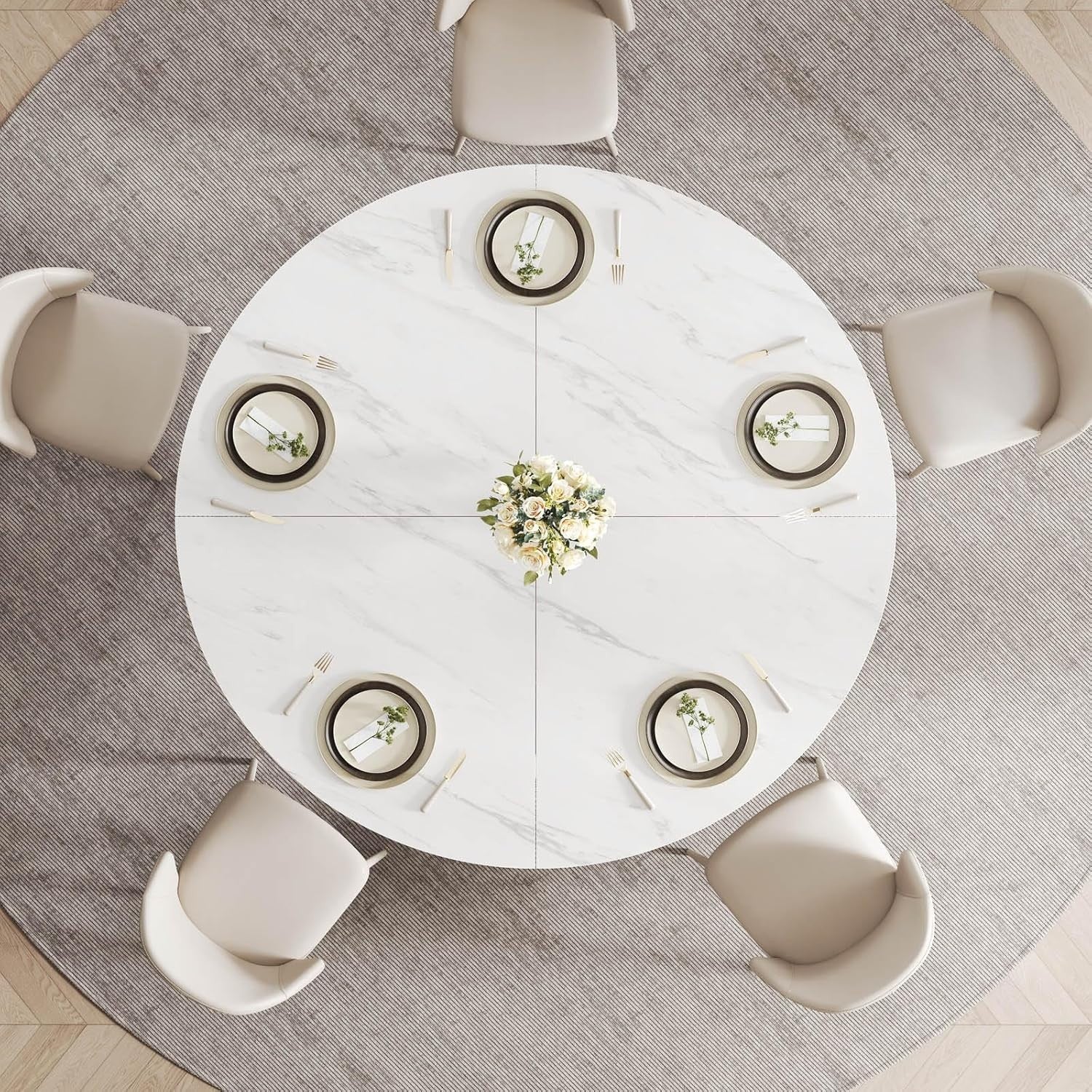 Round White Marble Dining Table 4-6 Seater Wood Metal Kitchen Home 130cm