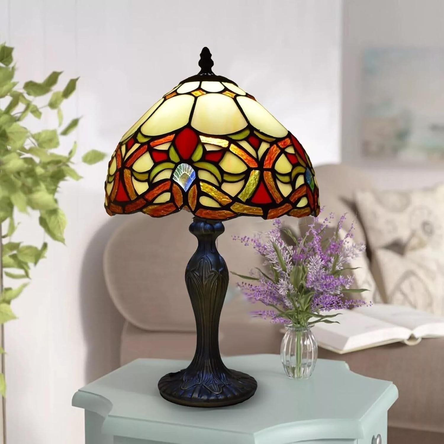 Tiffany Style Table Lamp Brass Base Stained Glass Adjustable Brightness Light