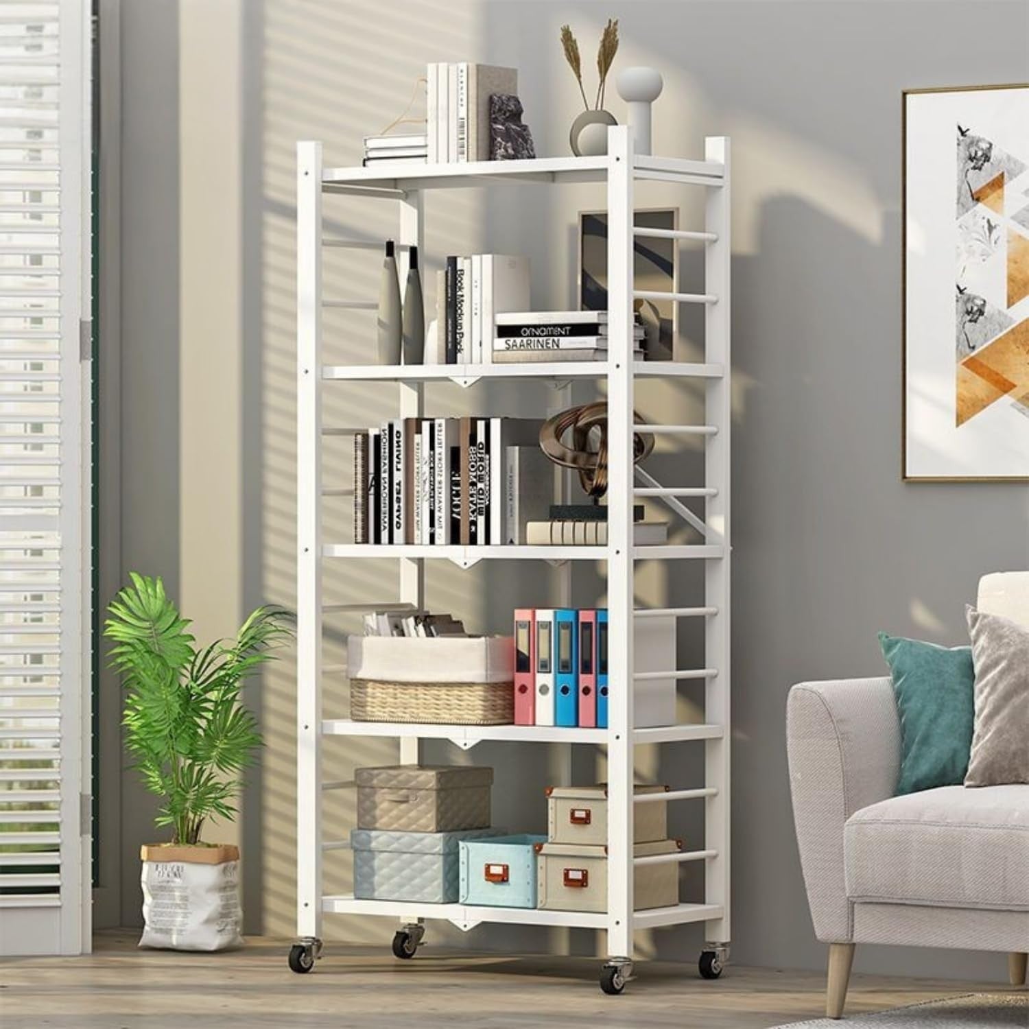5 Tier Folding Storage Shelves Rolling Metal Rack Space Saving Kitchen Trolley