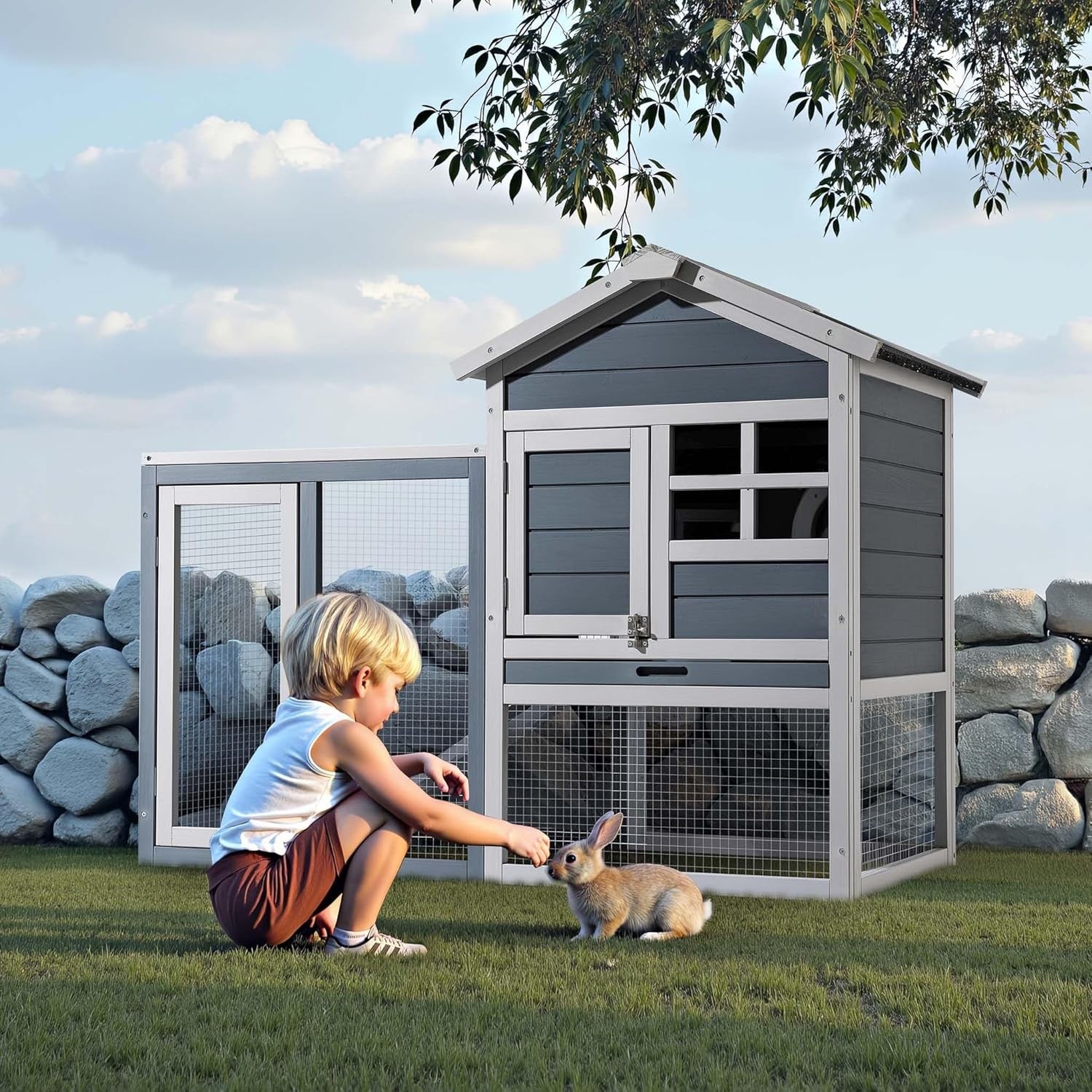 Large Rabbit Hutch with Run Outdoor Grey Elevated Wooden Shelter