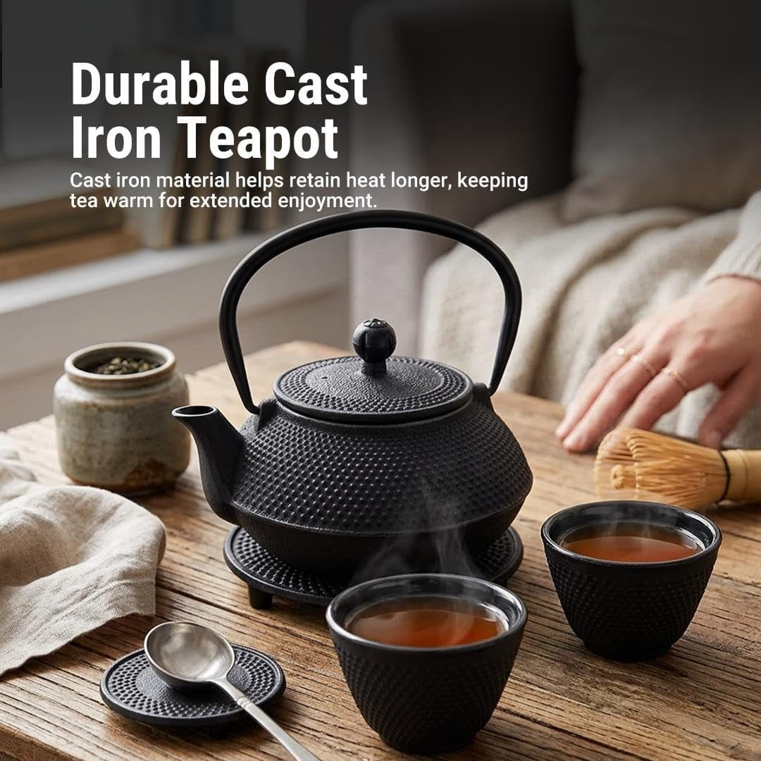 Cast Iron Teapot Set 800ml Japanese Tea Set Infuser Cups Trivet Black