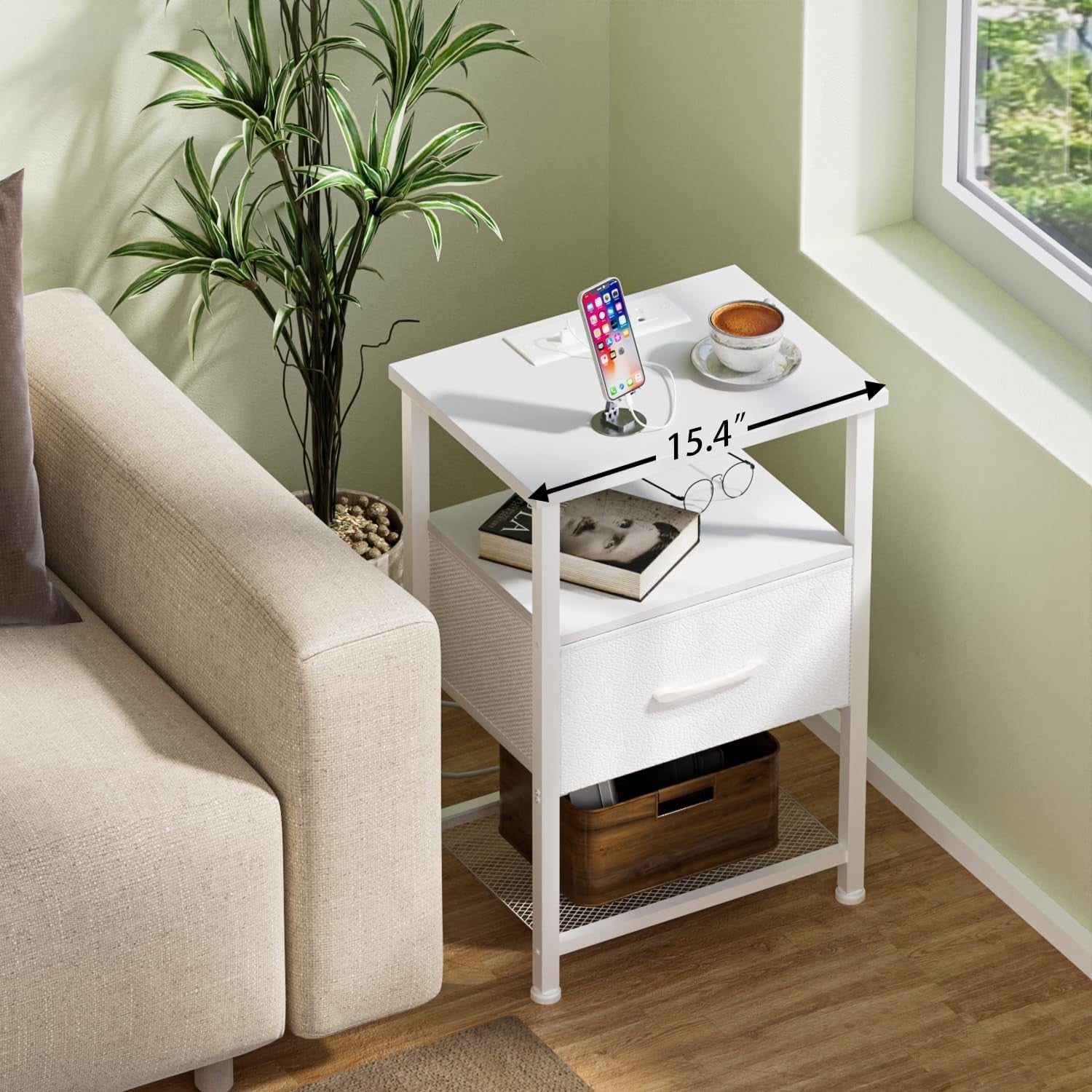Set of 2 White LED Bedside Tables with Drawer & USB Charging Ports