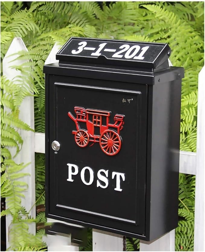 Wall Mounted Lockable Mailbox Black Steel Weatherproof Secure Post Box Outdoor