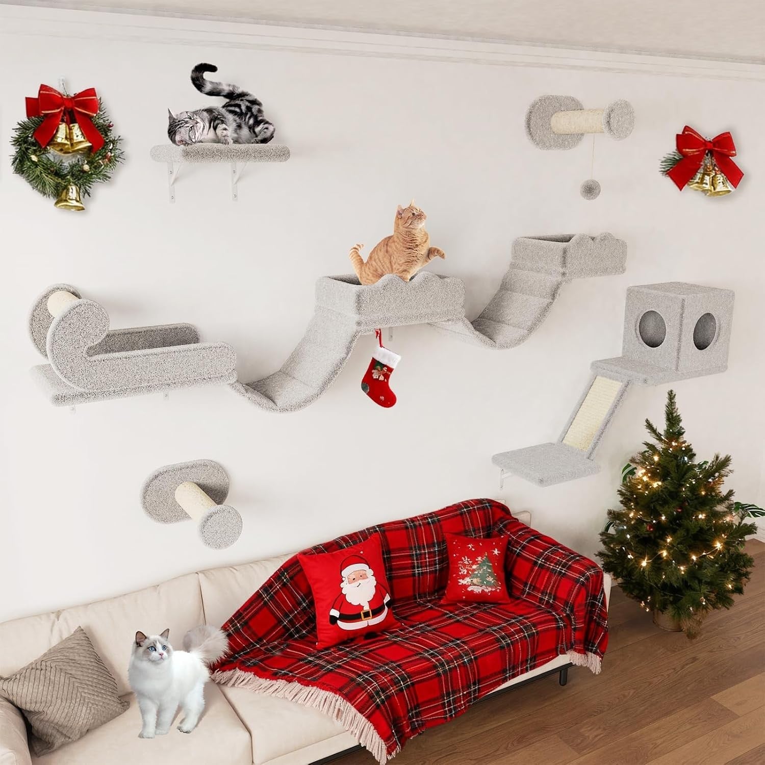 Cat Wall Shelves Set 5pcs Climbing Frame Bridge Condo Scratching Posts