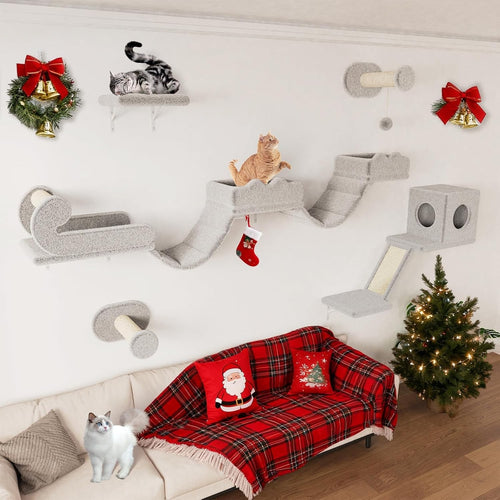 Cat Wall Shelves Set 5pcs Climbing Frame Bridge Condo Scratching Posts