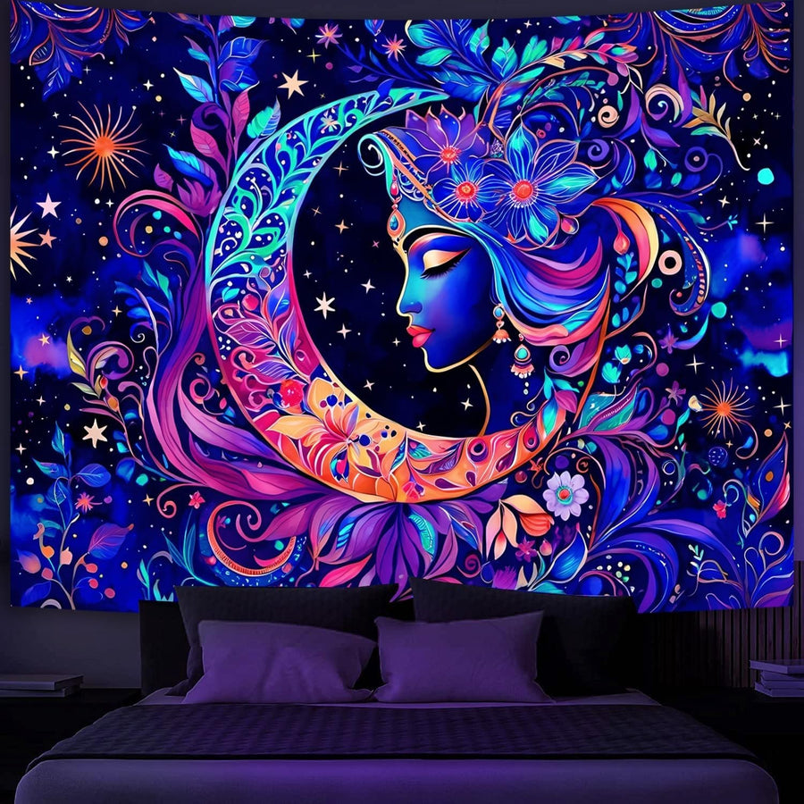 UV Reactive Moon & Star Mandala Tapestry Boho Wall Art Large