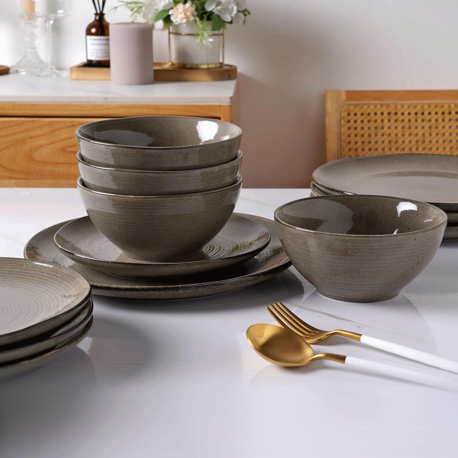 18pc Stoneware Dinnerware Set Plates Bowls Dark Olive Service for 6