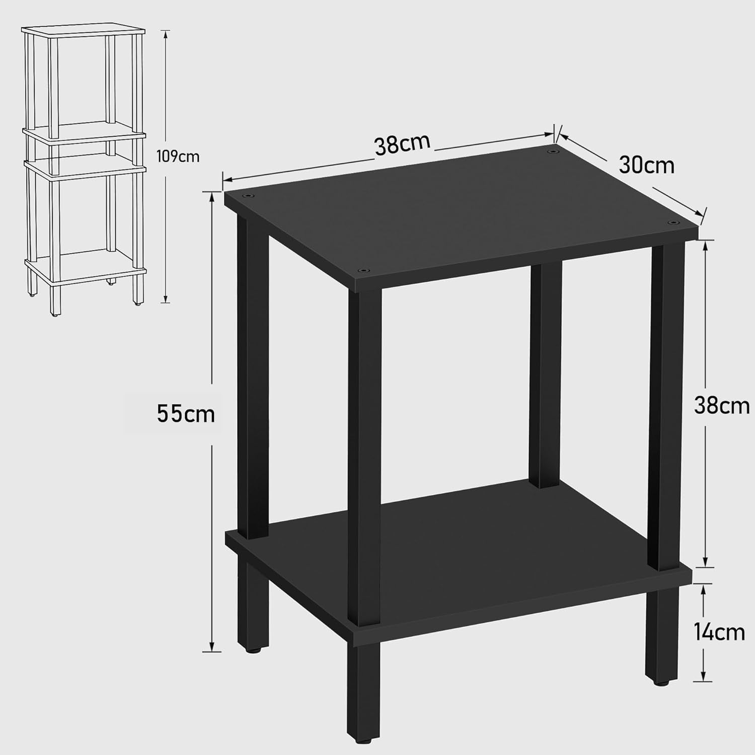 Black 2-Tier Side Table 40x30x55 cm | Bedside & End Table for Small Spaces