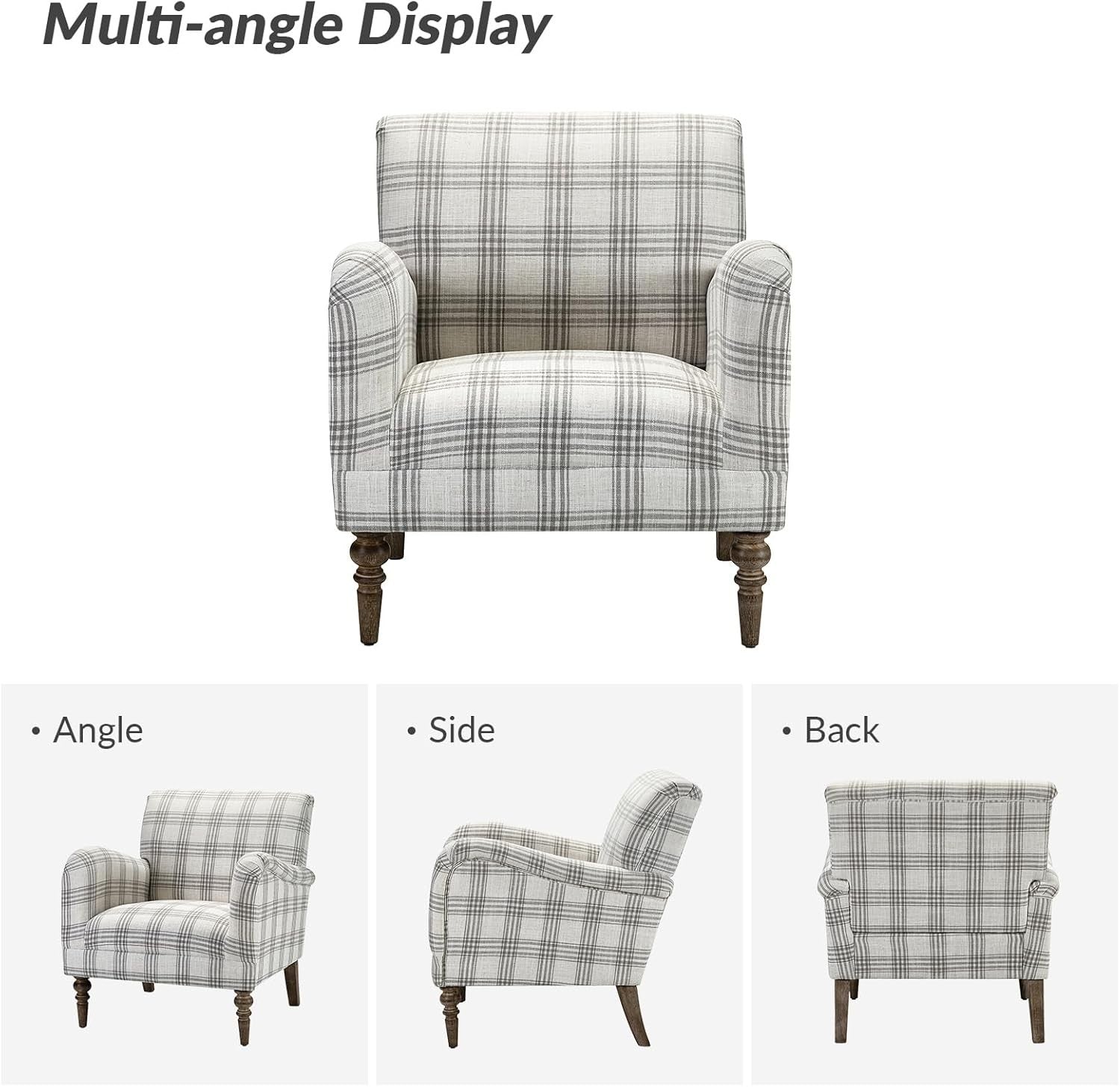 Grey Plaid Accent Chair Upholstered Armchair Comfy Seat for Living Room