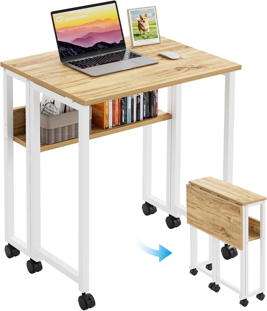 Small Folding Desk with Storage Shelf Rolling Computer Desk for Home Office