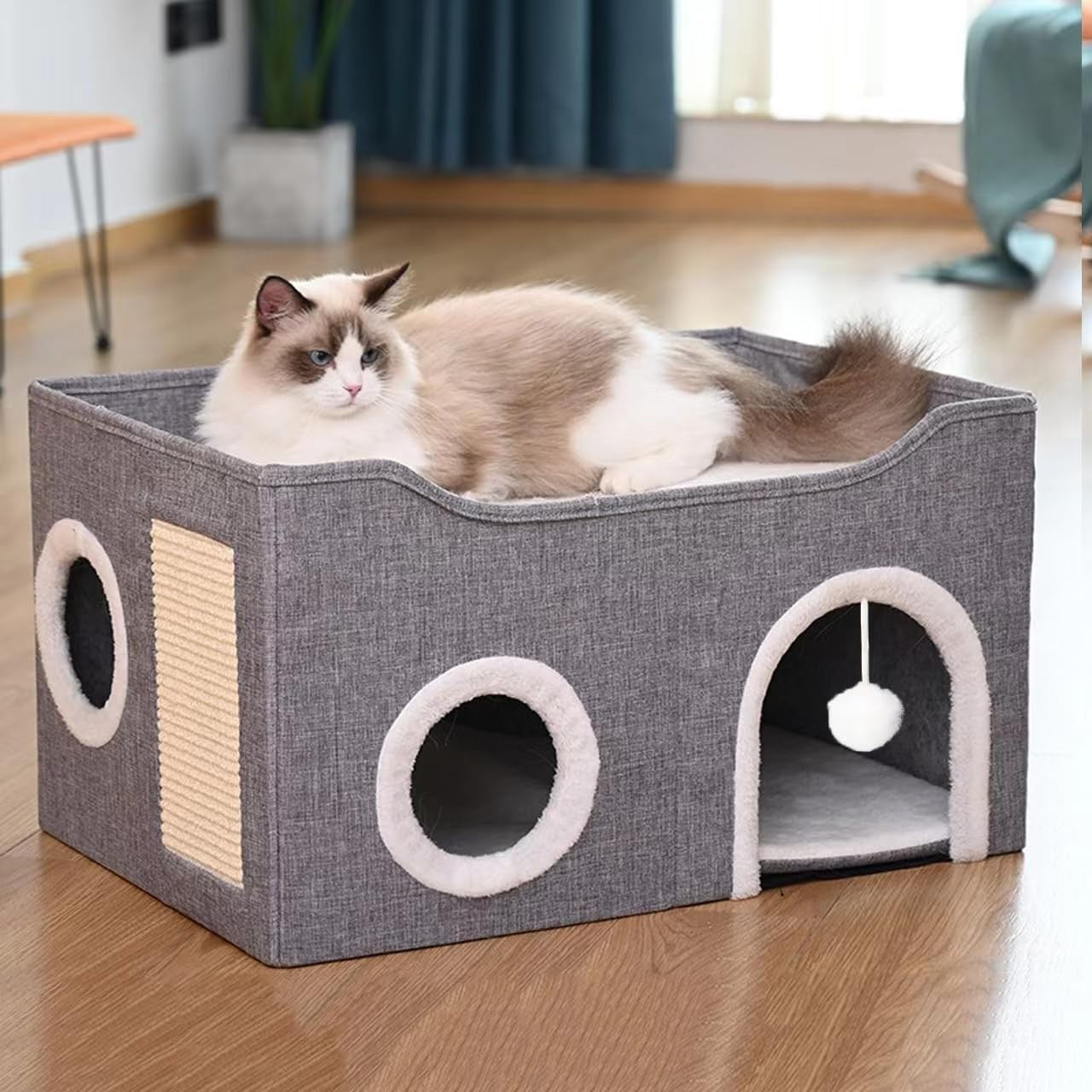 Foldable Cat House Cave Bed with Scratching Board 2 Tier Cat Condo