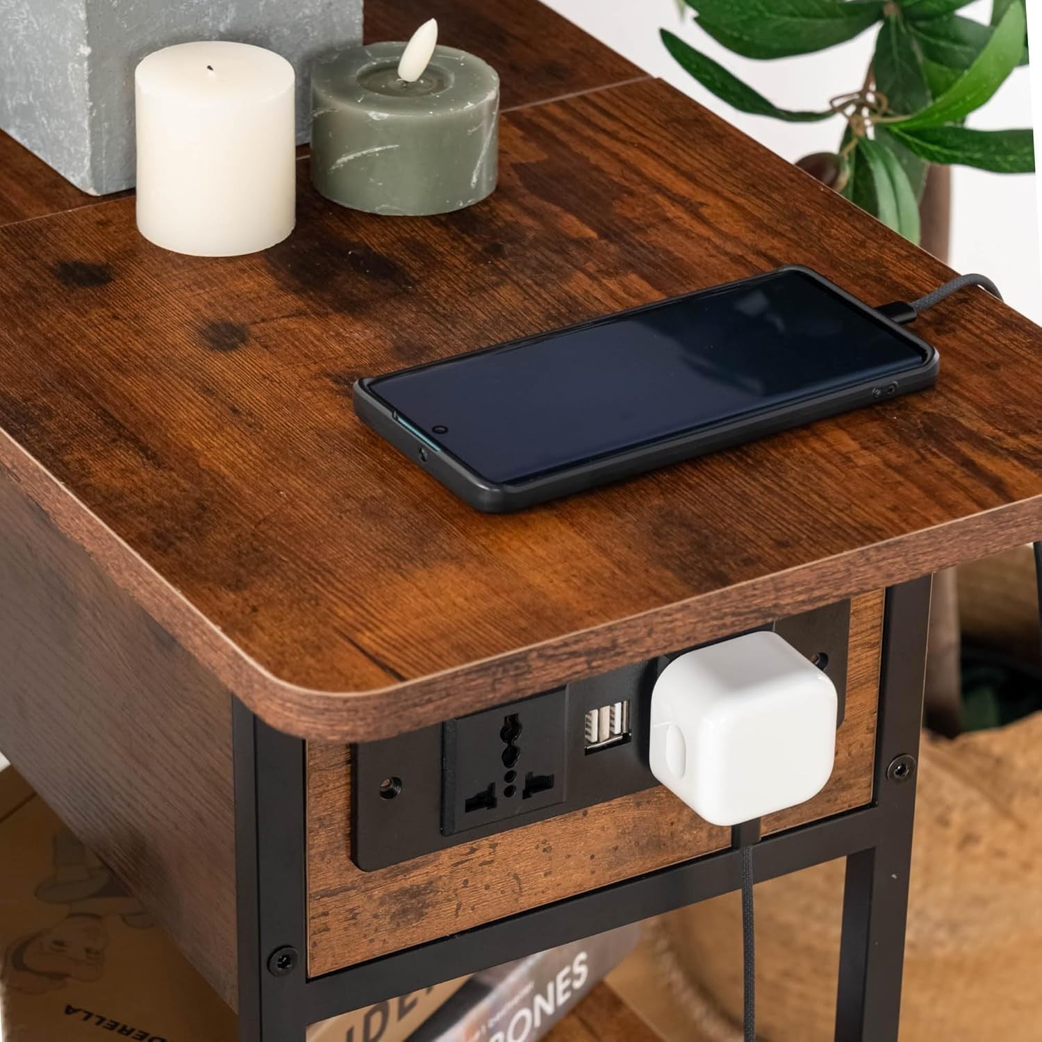 Slim Side Table with USB Ports Power Outlets & Storage, Industrial Brown