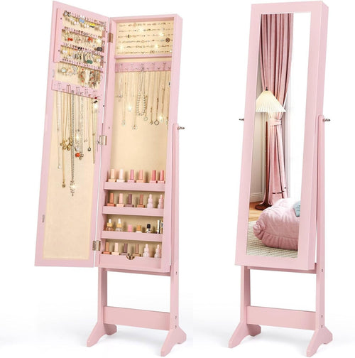 Pink Freestanding Jewelry Cabinet Full Length Mirror Adjustable Storage