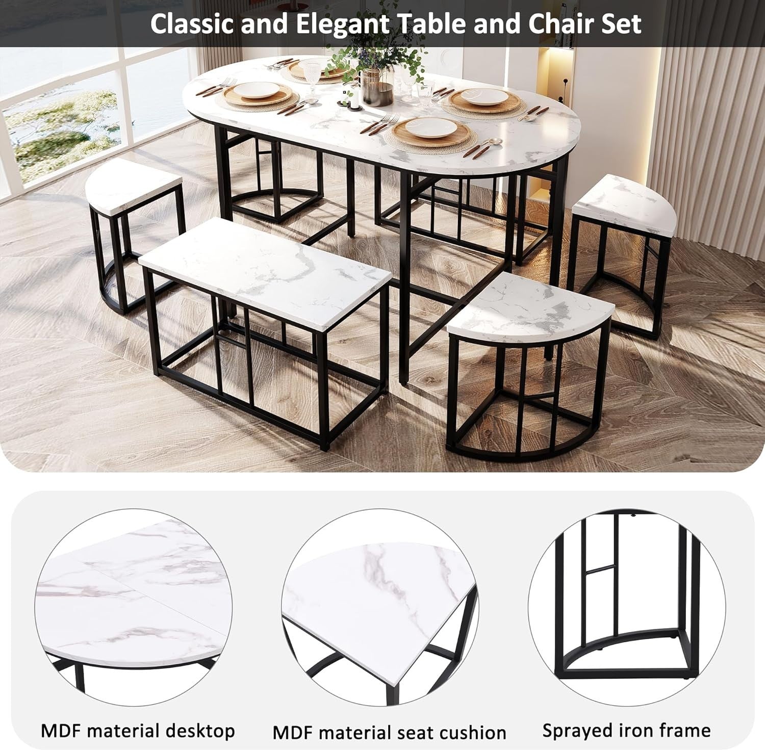 Modern 6-Seater Dining Table Set with Marble Effect Top & Cushioned Chairs