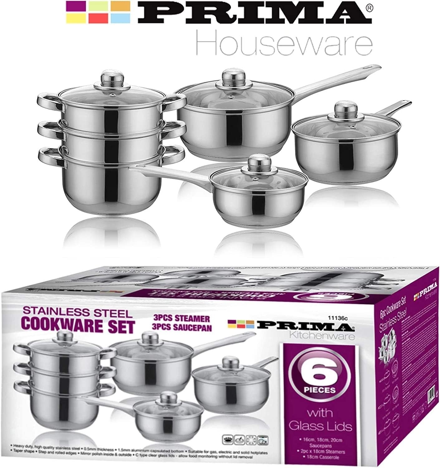 6pcs Stainless Steel Cookware Steamer Pot Set with Glass Lids & Handles