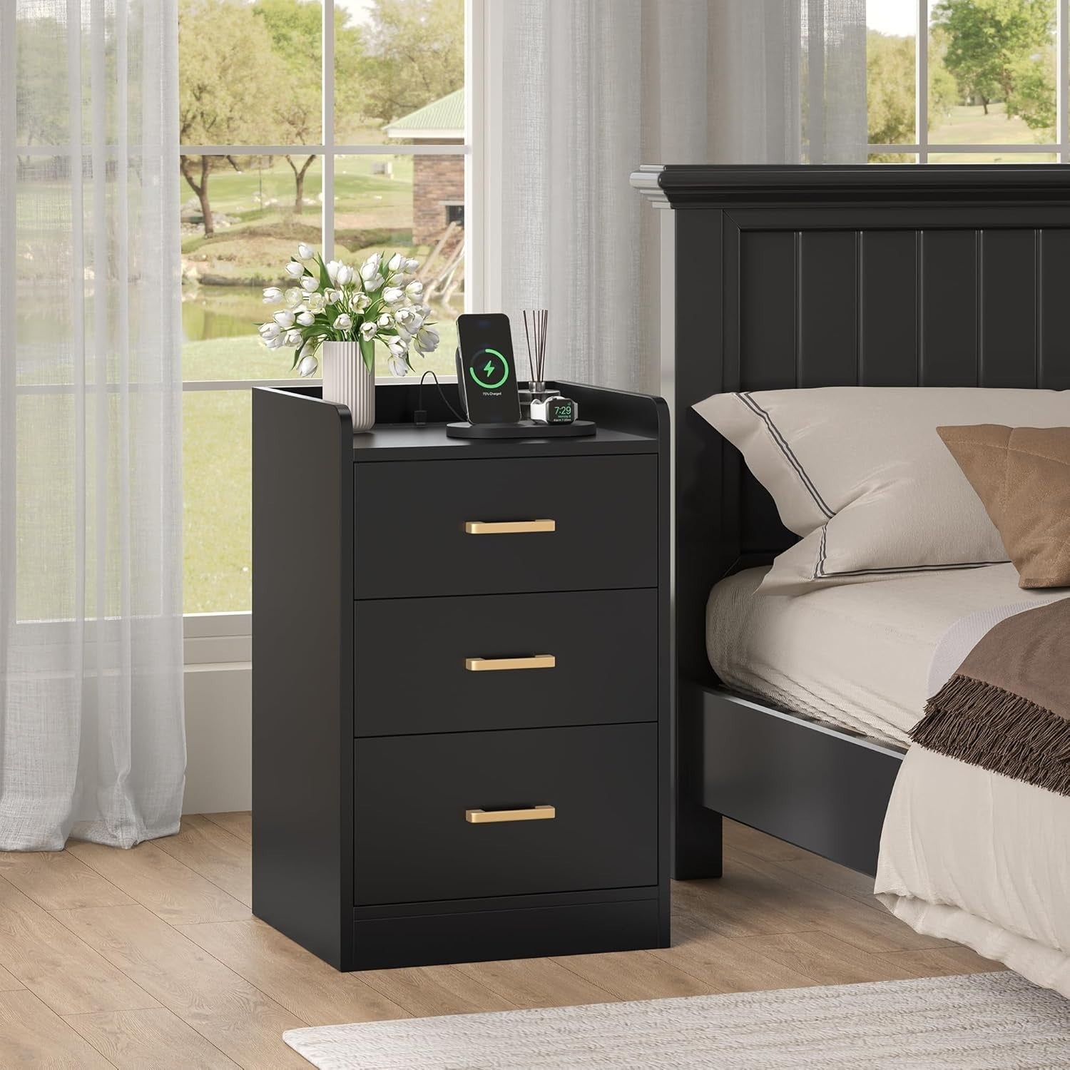 Black Bedside Table with USB Charging Station 3 Drawers Modern Nightstand
